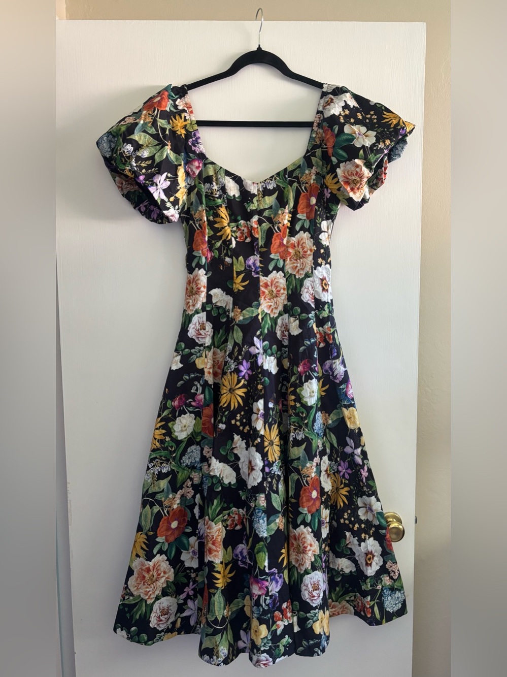 Lucy Paris Black Floral Midi Dress with Puff Sleeves
